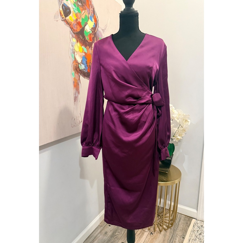 NOYIUS Plum Purple Satin Wrap Midi Dress Long Bishop Sleeve Size M NWT